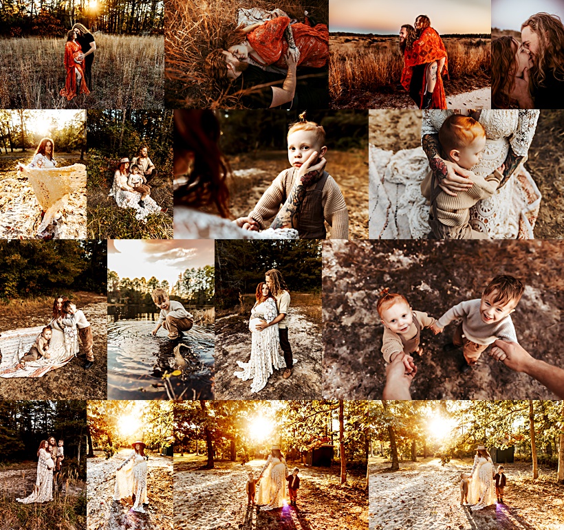 Collage of a family of four's maternity session while they played and loved on one another in the pine barrens of NJ.